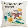 Linen summer pillow cover with tropical flowers and 'Summer Time' watercolor print - 18x18 Inch / Summer Time Here I Come (LYD400-4)