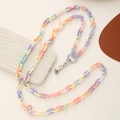 Farbenfrohe Acryl-Handykette mit herzförmigen Gliedern in sanften Pastelltönen - K645 Bunte Glieder + Transparente Karte / Rosa Gelb Lila Blau Patchwork