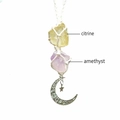 Handmade woven ornament with raw citrine and amethyst stones featuring crescent moon charms - White Rope + Citrine + Amethyst