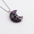 Silver tree of life wire wrapped amethyst moon pendant necklace on twisted chain - 60cm Twist Chain / Purple Crystal