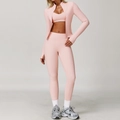 Set yoga rosa spazzolato con giacca a zip, reggiseno sportivo e leggings a vita alta da donna - Taglia S / Top E Pantaloni / Rosa Pesca