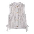 Minimalist light grey hollow knit vest featuring golden buttons and side tie detail - S / Light Gray