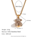 Detailoverzicht afmetingen van de beer hanger ketting in 316L roestvrij staal - Vierkante Parelketting Met Diamanten Zittende Beerhanger - Goud