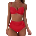 Sexy roter High-Waist-Bikini mit Knotendesign und geraffter Bauchweg-Badehose für Damen - S / Rot