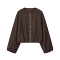 Detail of dark brown wool bomber jacket with silver metal zipper and ribbed cuffs - Brown