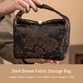 Portable dark brown brocade storage bag with vintage floral embroidery and jade closure - Dark Brown Brocade Storage Bag
