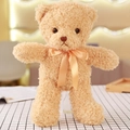Detailaufnahme der hellbraunen Teddybär-Plüschhülle mit einer weichen Satin-Halsschleife - Hellbraun / 30cm