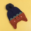Navy blue and orange knit baby trapper hat with dinosaur embroidery and black pompom - Navy-Hat