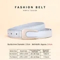 Light blue vintage leather belt for women with matte silver U-buckle and size guide chart - Silver Buckle Light Blue