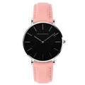 Minimalist women quartz watch with black dial and pink leather strap in silver finish - Silver Case Pink Strap