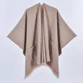Women's minimalist earth-tone poncho cape with side pockets and elegant fringe tassels - Single Color with Pocket and Frayed Edge / Coffee