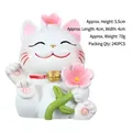 Miniature white resin lucky cat figurine with pink cherry blossom and golden bell, 5.5cm height - 7003-Cherry Blossom Cat Style A
