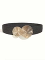 Women's black woven elastic waist belt with textured gold circular metal buckles - Black