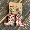 Western cowboy boot earrings featuring leopard print leather and wooden texture details - Red White Turquoise Embossed
