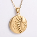 Close-up of vintage sun and moon embossed 18K gold plated necklace with matte finish - 450mm Chain / Gold