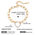 Detail of 18K gold stainless steel bracelet with white zircon heart charm and size specs - Heart Zirconia Inlay