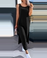Detail shot of a black sleeveless maxi dress with a side slit and round neckline - S / Black