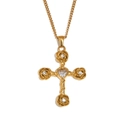 Vintage 18K gold plated necklace with heart and rose cross pendant and clear crystals - Rose Cross Pendant Necklace / Gold White