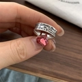 Silver graffiti band ring and pink heart stone ring set in punk street style - Punk Graffiti Heart Stone Ring Set (J2715)