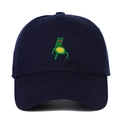 Close-up of a green frog embroidery on the front of a navy blue cotton baseball cap - Adjustable / Navy Blue