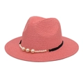 Elegant pink woven straw fedora sun hat with pearl decorations and black ribbon accent - M / Pink