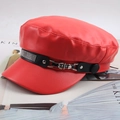Chic red faux leather newsboy cap featuring a rhinestone band and metallic buckle - One Size 58cm / Red Rhinestone Decor Style