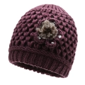 Berretto invernale da donna in maglia viola scuro con fiore e pompon in peluche caldo - Viola