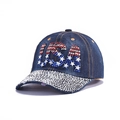 Dark blue denim baseball cap with USA rhinestones and silver diamond brim decoration - USA Letters Rhinestone (Dark Blue)