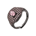 Detailed macro view of pink rectangular crystal ring with micro-paved gems in black finish - Gunmetal Pink Zircon