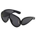 Oversized futuristic shield sunglasses with black frame and gold metal accents - Glossy Black/Grey Lens