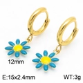 Golden hoop earrings with colorful daisy flower charms and detailed product measurements - Gold Blue Yellow Daisy Earrings (KE112899-HF)