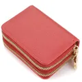 Red pebbled leather accordion card holder with dual gold zippers and large capacity - Crimson