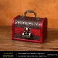 Vintage red wooden jewelry box with floral pattern and bronze handle, 12x8x8.5cm - Floral Handle Design + Xilinmen Lock