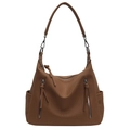 Borsa hobo marrone da donna con trama in pelle e doppie cerniere decorate con nappe - Cuoio