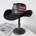 Cappello da cowboy nero in paglia con stampa teschio e catena metallica argentata - M (56-58cm) / Retro Ali di Teschio Nero
