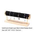 Single-tier gold metal bracelet stand with black velvet bar and solid wood base - Single Layer Gold Bangle Stand-Black Velvet