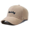 Khaki baseball cap featuring deep blue Peachy embroidery and curved sun visor - Adjustable / Khaki