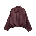 Deep wine red faux suede bomber jacket with puff hem and pilot style details - S / Dark Red