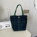 Retro green plaid woolen tote bag with a gold button closure and green handle straps - Green Plaid Woolen