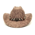 Chapeau de cowboy marron vintage avec texture craquelée et ruban décoratif perlé - M (56-58cm) / Kaki