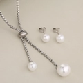 Silver stainless steel jewelry set with adjustable pearl necklace and matching stud earrings - Silver
