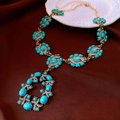 Vintage bronze necklace with turquoise gemstones and rhinestones on dark fabric - 45# Necklace-Gold-Blue