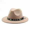 Detail of camel wool fedora hat featuring turquoise stones and silver rivets on leather band - M (56-58cm) / Light Purple Grey