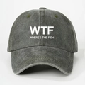 Detail of vintage washed cotton baseball cap featuring WTF Where's The Fish print - Army Green