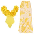 Yellow tube top swimsuit with 3D flower and abstract floral print mermaid skirt set - S / Yellow Set