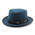 Detail of wool fedora hat with teal blue felt finish and stitched leather band decor - M (56-58cm) / Teal