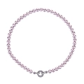 Elegant purple pearl necklace with sparkling silver rhinestone clasp on white background - Pink Purple