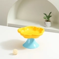 Flower-shaped ceramic pet bowl with yellow petal top and blue elevated base stand - Yellow/Blue
