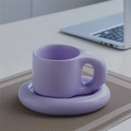 Ceramic coffee mug with chubby handle and matching saucer in elegant purple finish - Taro Purple Fat Cup + Saucer