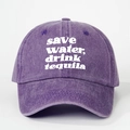 Purple washed cotton baseball cap with Save Water Drink Tequila text for outdoor wear - Purple